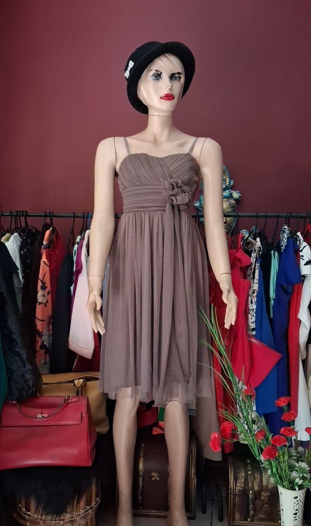 Vizon rengi tül kumaş kendinden göğüs pedli abiye elbise - Görsel 3