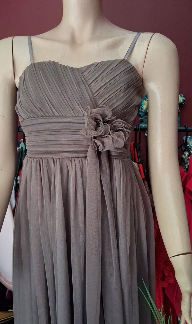 Vizon rengi tül kumaş kendinden göğüs pedli abiye elbise - Görsel 5