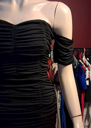 Siyah Drapeli Straplez mini abiye elbise - Görsel 4