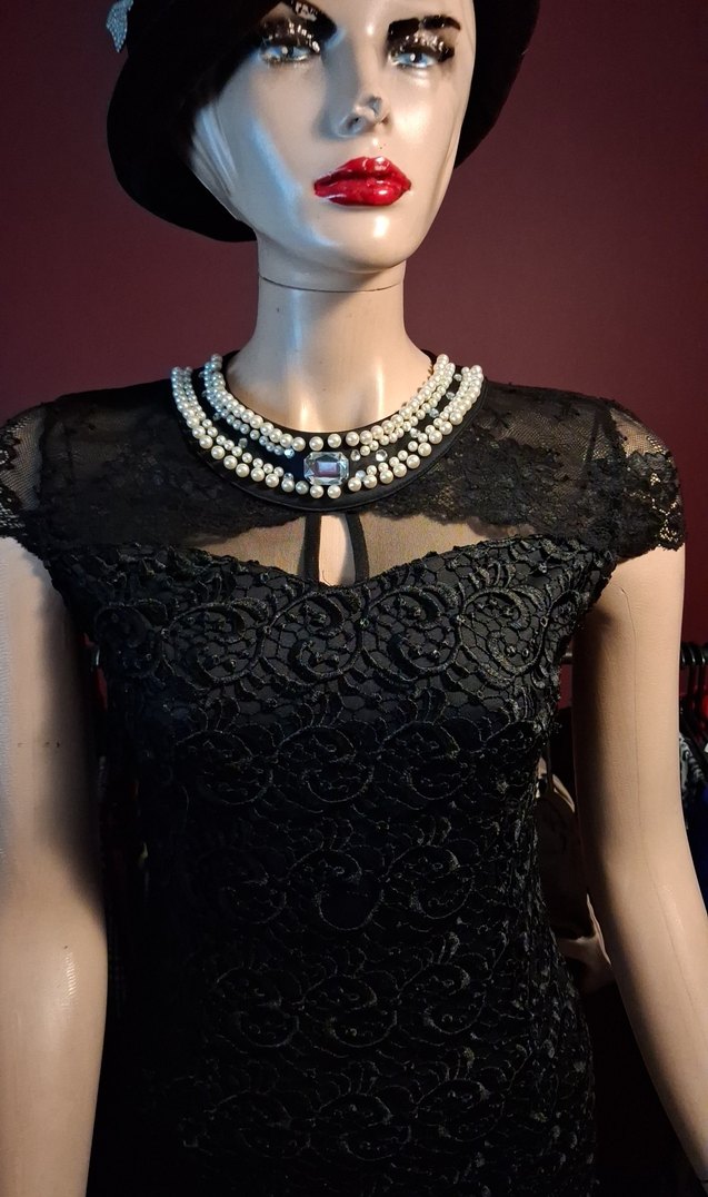 Siyah güpür yakası inci detaylı  Abiye Elbise - Görsel 2