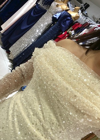 Uzun Kollu Drapeli Straplez Krem Abiye - Görsel 2