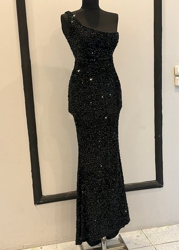 Boncuk İşlemeli Siyah Uzun Abiye Elbise - Görsel 3