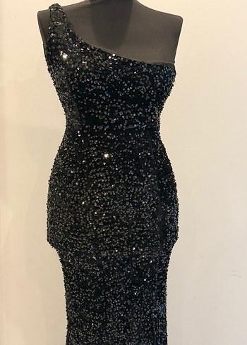 Boncuk İşlemeli Siyah Uzun Abiye Elbise - Görsel 2