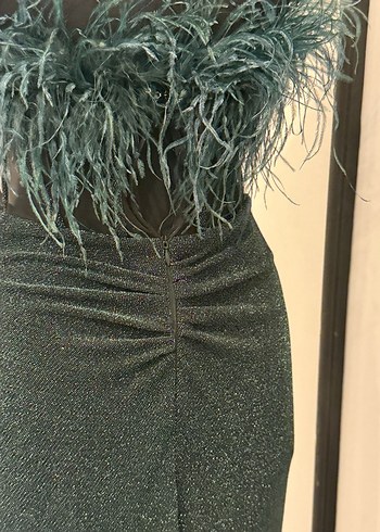 Koyu Yeşil Kürklü Uzun Abiye Elbise - Görsel 2