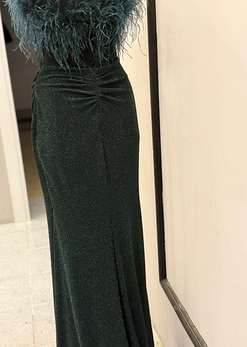 Koyu Yeşil Kürklü Uzun Abiye Elbise - Görsel 4