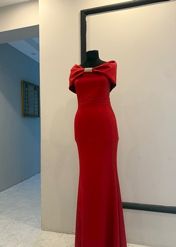 Kırmızı Uzun Drapeli Kadın Abiye Elbise - Görsel 2