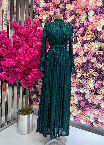 Uzun Kollu Turkuaz Pilili Abiye Elbise - Görsel 2