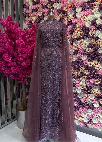 Uzun Kollu Mor Drapeli Abiye Elbise - Görsel 2