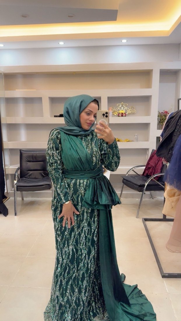 Yeşil Drapeli Uzun Abiye Elbise - Görsel 2