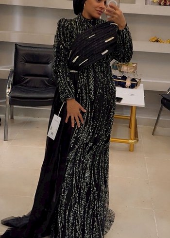 Siyah Uzun Kollu Drapeli Abiye Elbise - Görsel 2