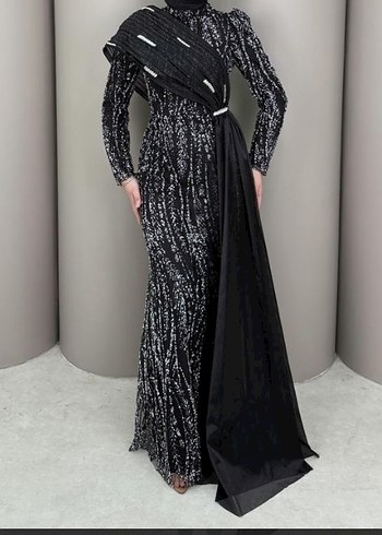 Siyah Uzun Kollu Drapeli Abiye Elbise - Görsel 3