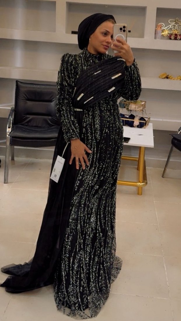 Siyah Uzun Kollu Drapeli Abiye Elbise - Görsel 2