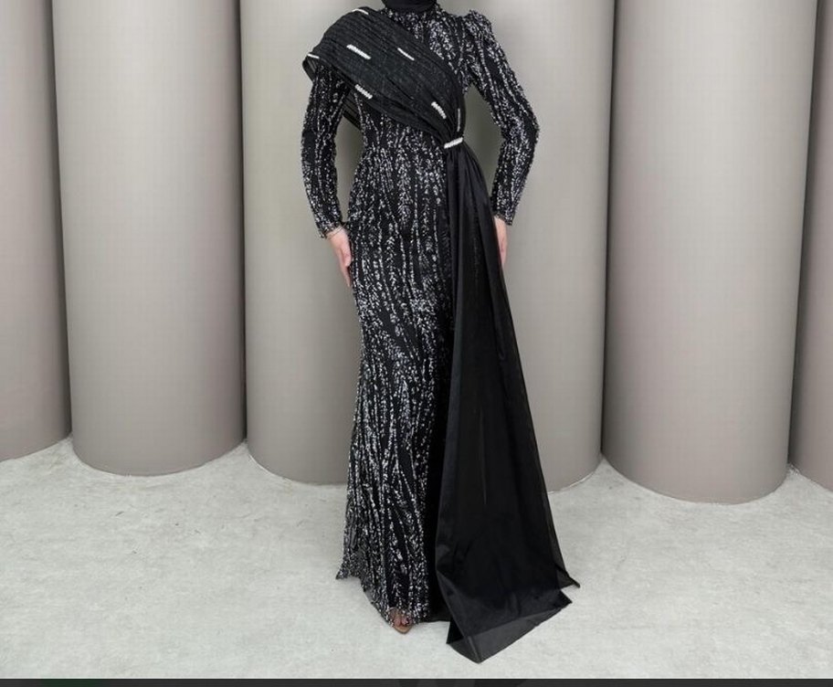 Siyah Uzun Kollu Drapeli Abiye Elbise - Görsel 3