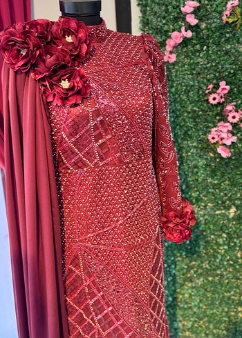 Bordo İşlemeli Uzun Abiye Elbise - Görsel 2