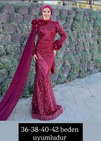 Bordo İşlemeli Uzun Abiye Elbise - Görsel 3