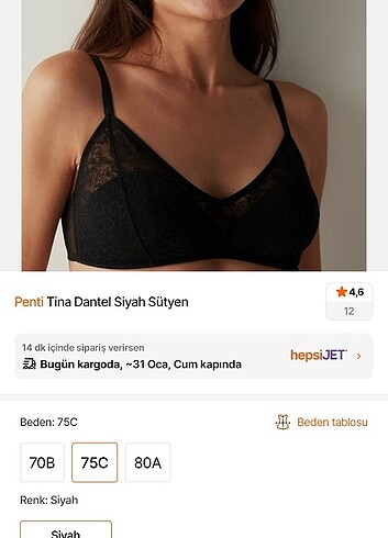 Penti tina lace siyah balensiz dolgusu sutyen 75C
