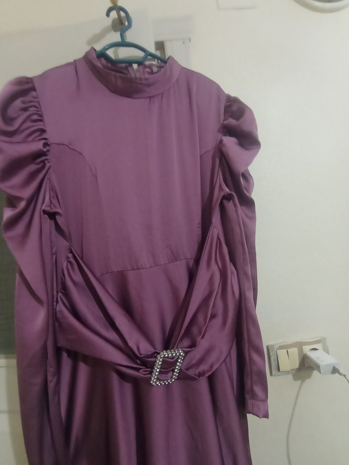 Mor Uzun Drapeli Kadın Elbise - Görsel 3