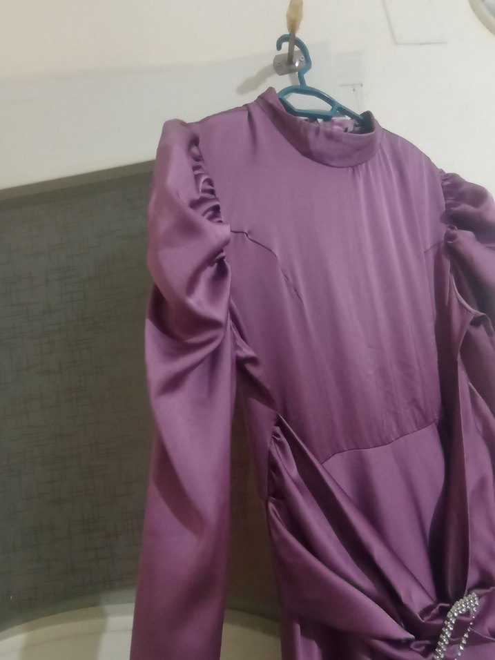 Mor Uzun Drapeli Kadın Elbise - Görsel 2