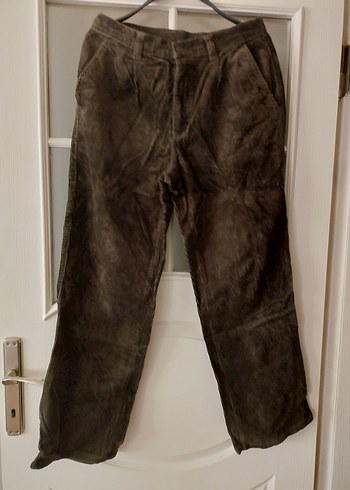 Erkek kahverengi kadife fitilli kumaş Kemerli Bol Kesim Pantolon - Görsel 2