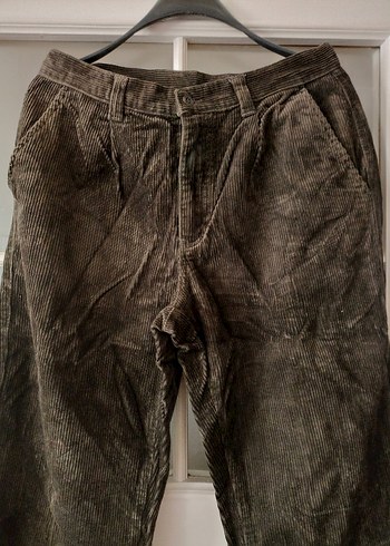 Erkek kahverengi kadife fitilli kumaş Kemerli Bol Kesim Pantolon - Görsel 3