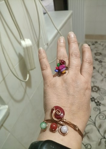 Doğal taş telkari bakır.Çeşitli Taşlarl  yapılmış Bohem Bileklik - Görsel 11