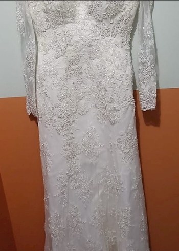 Dantel Detaylı V Yaka Uzun Kollu Beyaz Gelinlik - Görsel 6