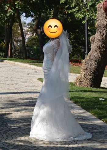 Dantel Detaylı V Yaka Uzun Kollu Beyaz Gelinlik - Görsel 2