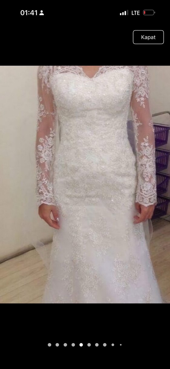 Dantel Detaylı V Yaka Uzun Kollu Beyaz Gelinlik - Görsel 4