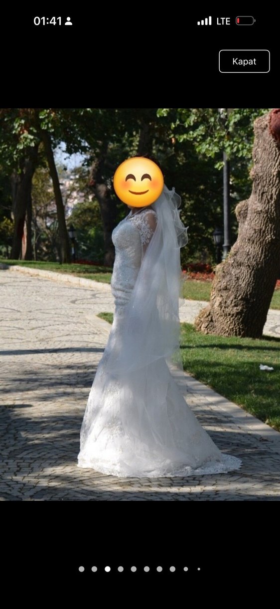 Dantel Detaylı V Yaka Uzun Kollu Beyaz Gelinlik - Görsel 2