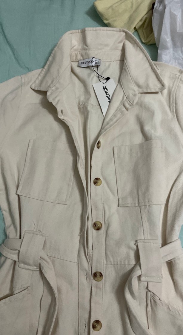 Bej Keten Düğmeli Midi Tulum - Görsel 3