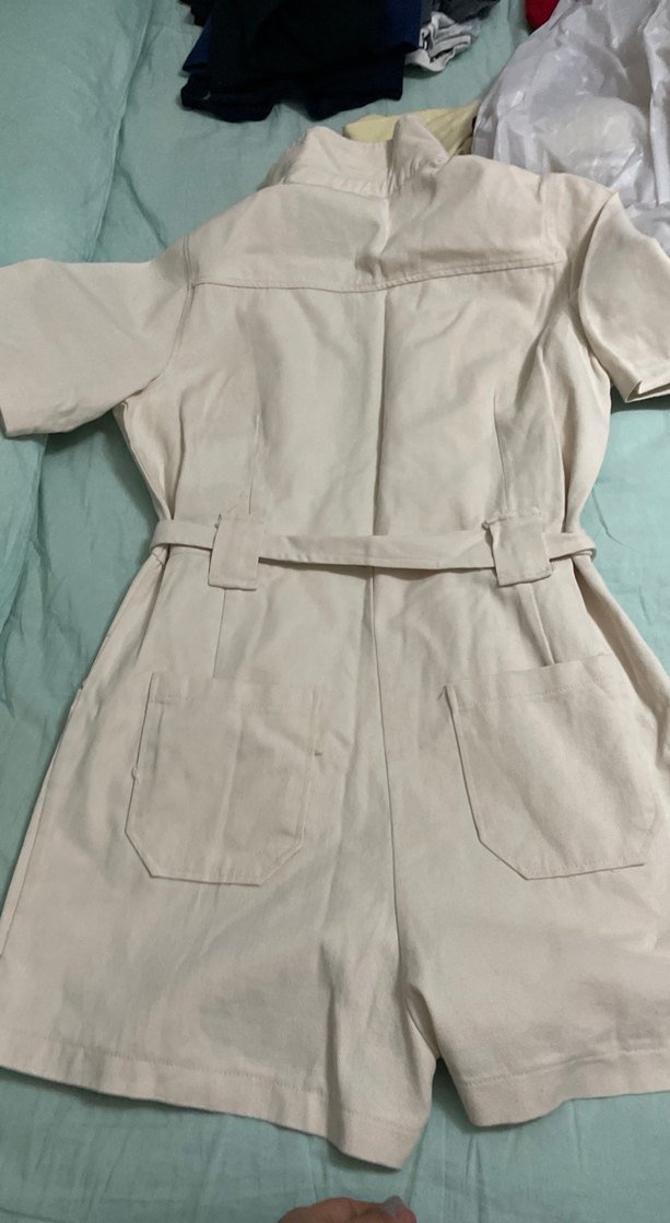 Bej Keten Düğmeli Midi Tulum - Görsel 4