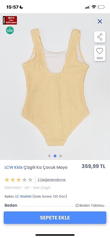 LC Waikiki 9-10 yaş mayo sıfır ürün etiketi kesildi ama çocuğa küçük geldi