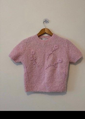 Zara Pembe Kısa Kollu Nakışlı Örgü Kazak