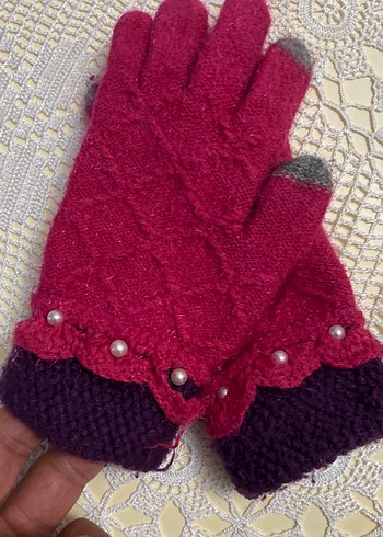 Bordo Örgü cocık Eldiveni İnci Detaylı - Görsel 2