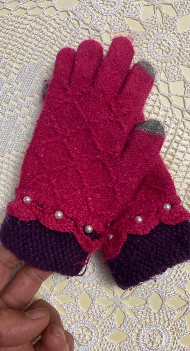 Bordo Örgü cocık Eldiveni İnci Detaylı - Görsel 2