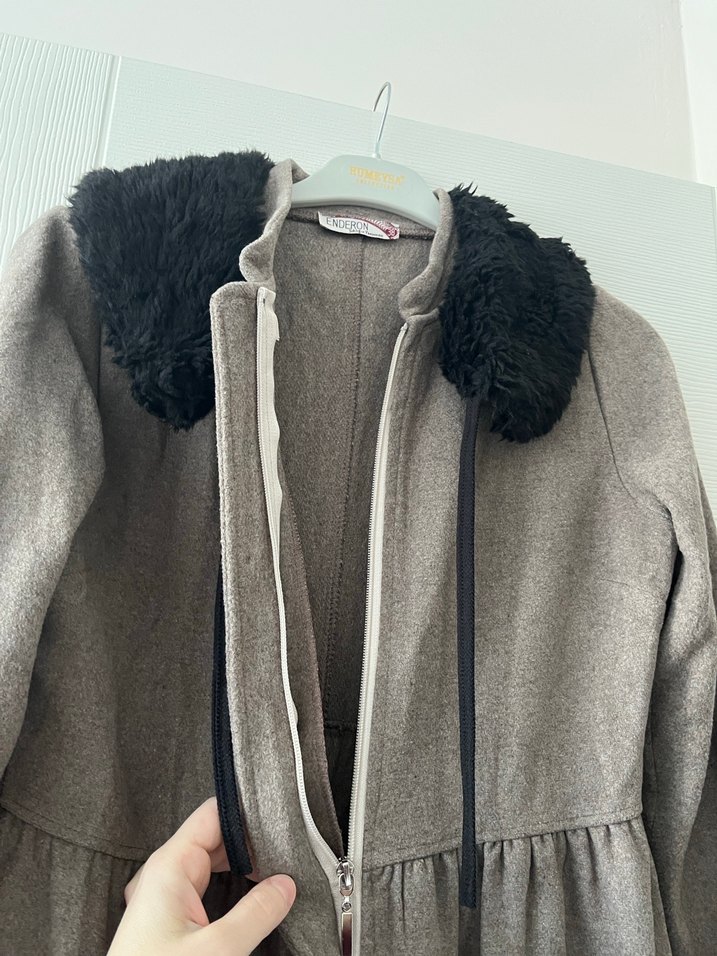 Taş rengi Uzun Kadın Keçe Kaban - Görsel 3