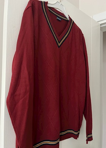 Erkek Bordo V Yaka Örgü Triko Kazak - Görsel 2