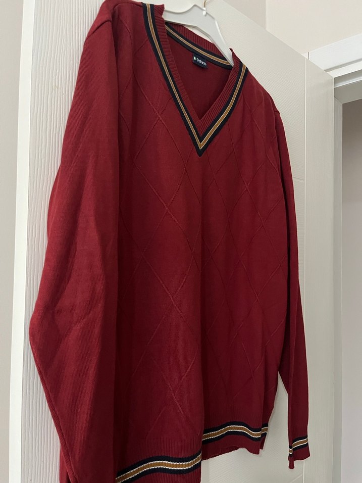 Erkek Bordo V Yaka Örgü Triko Kazak - Görsel 2