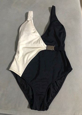 Beyaz Siyah Kemerli Kadın Mayo koton - Görsel 3