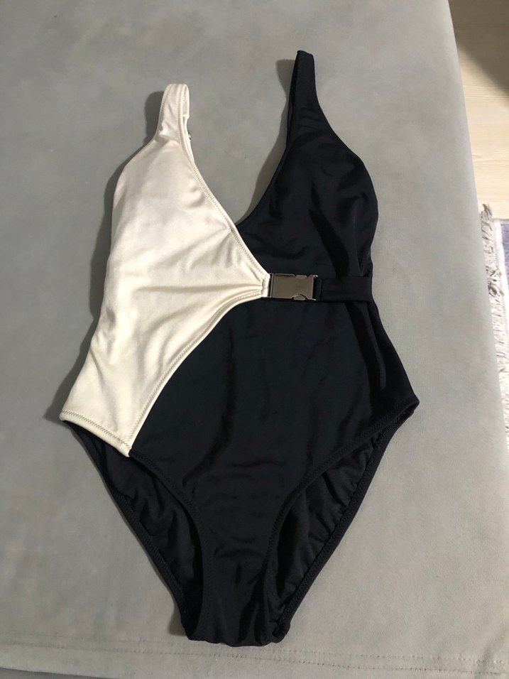 Beyaz Siyah Kemerli Kadın Mayo koton - Görsel 2