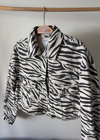 Kadın Zebra Desenli Mini Kot Ceket - Görsel 4