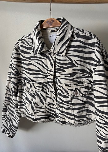 Kadın Zebra Desenli Mini Kot Ceket - Görsel 2