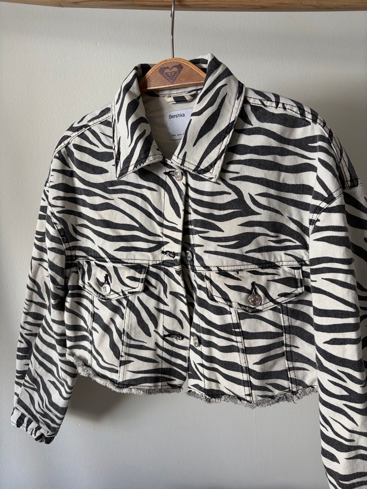 Kadın Zebra Desenli Mini Kot Ceket - Görsel 2