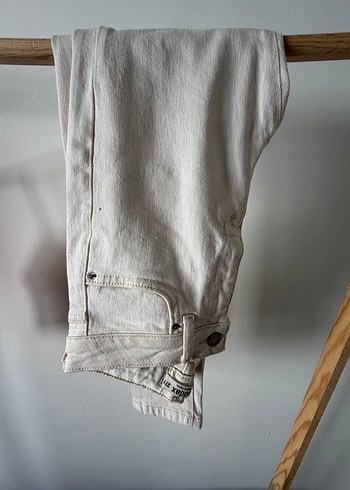 Düğmeli Beyaz Keten Kadın Jean Dar - Görsel 4