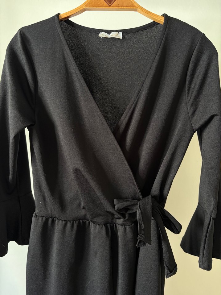 Siyah Uzun Kollu Tulum Elbise ,Kuşaklı - Görsel 2