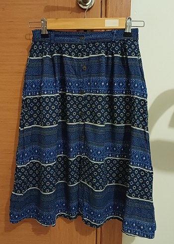 Düğmeli Lacivert Bohem Midi Etek