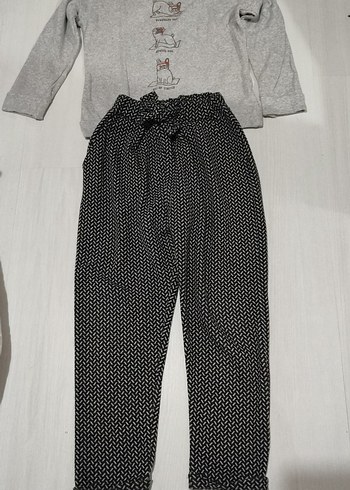 Kızlar için Gri Uzun Kollu ve Desenli Pantolon Takımı
