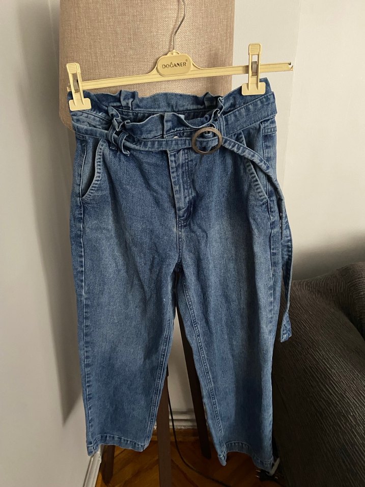 Gri Kemerli Mavi Kadın Denim Pantolon - Görsel 2