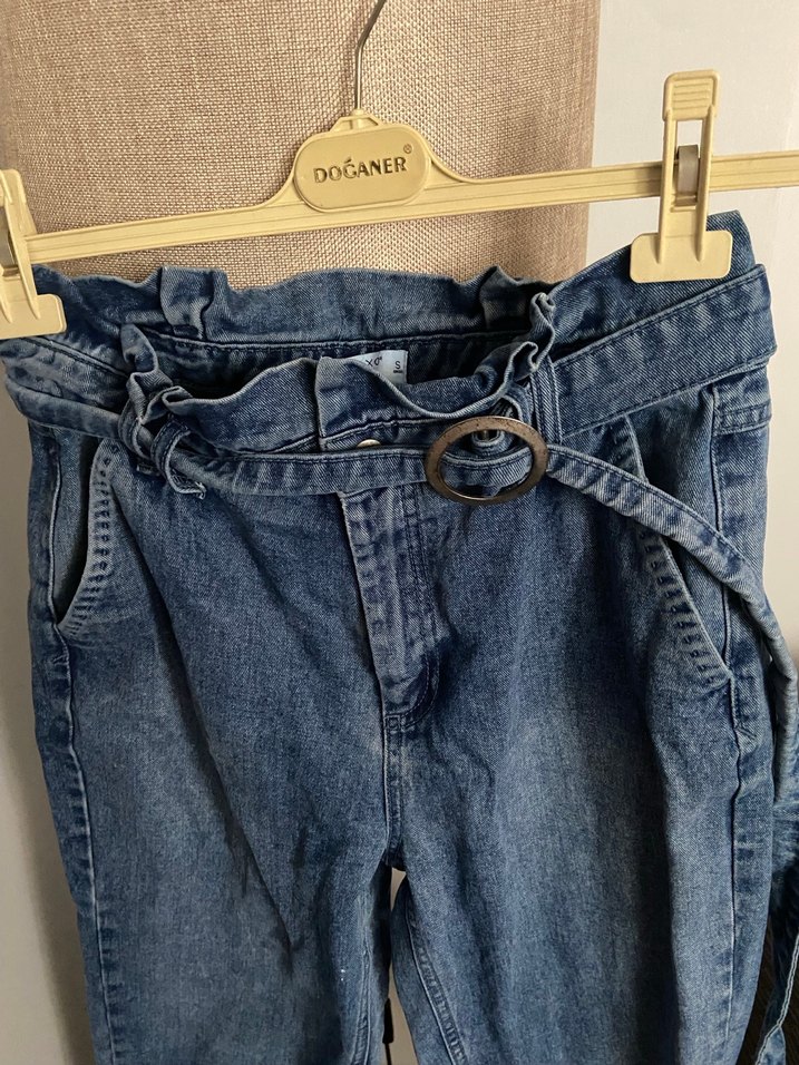Gri Kemerli Mavi Kadın Denim Pantolon - Görsel 3