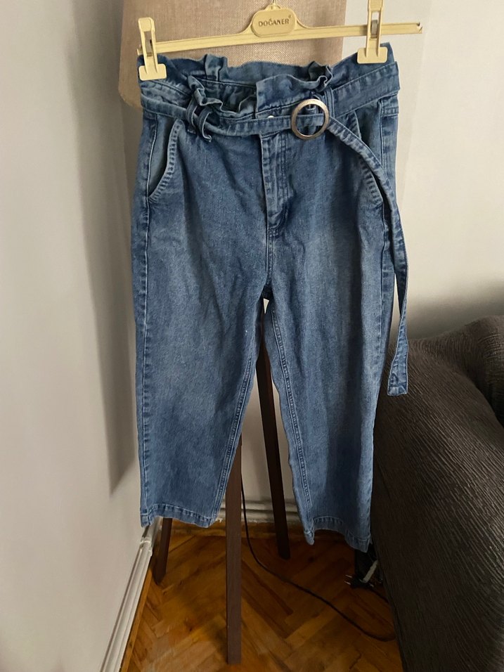 Gri Kemerli Mavi Kadın Denim Pantolon - Görsel 4